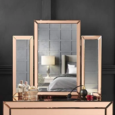 Image of FABS Paloma Trifold Vanity Makeup Mirror Free Standing 3 Way with Bevelled Glass Design Tabletop Cosmetic for Bedroom &amp; Rose Gold