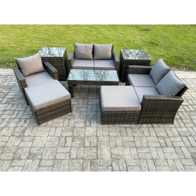 Image of 7 Seater Outdoor Rattan Patio Furniture Set Garden Lounge Sofa with 2 Side Tables Big Footstool Coffee Table Dark Grey Mixed Fimous