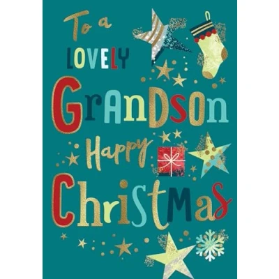 Image of Avant Garde Studios Modern Christmas Card, Grandson, teal 9 x 6 inches Piccadilly Greetings