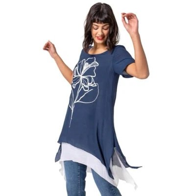 Image of Roman Originals Asymmetric Tunic Top for Women UK Ladies Tee Shirt T Spring Summer Casual Longline Hanky Hem Short Sleeve Round Neck Lightweight Holiday Work Shirts Navy White Size 10