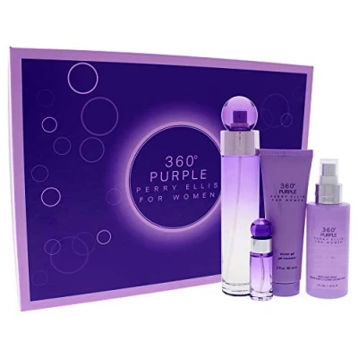 Image of Perry Ellis 360 Purple For Women 4 Pc Gift Set 3.4Oz Edp Spray, 7.5Ml Mini 4Oz Body Mist, 3Oz Shower Gel