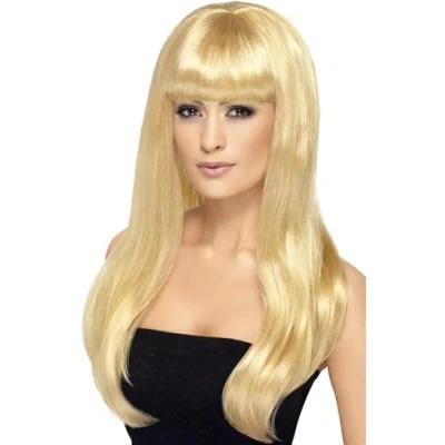 Image of Smiffys Babelicious Wig, Blonde Long, Straight with Fringe, Ladies Glamour Wigs Fancy Dress, Adult Dress Up