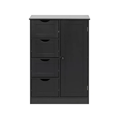 Image of Rebecca Mobili Bathroom Cabinet, Floor standing Entrance Cupboard, Black Modern, 1 Door 4 Drawers, Hygienic Space Saving Measurements HxWxD: 82 x 56 30 cm Art. RE6736