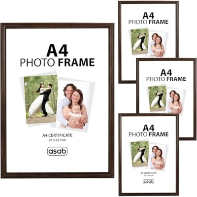 Image of ASAB Pack of 4 A4 Frame Wall Hanging Hooks Flat Classic Design Picture with Quick Photo Insertion Clear Acrylic Display for Table Top Home and Office (Dark Brown)