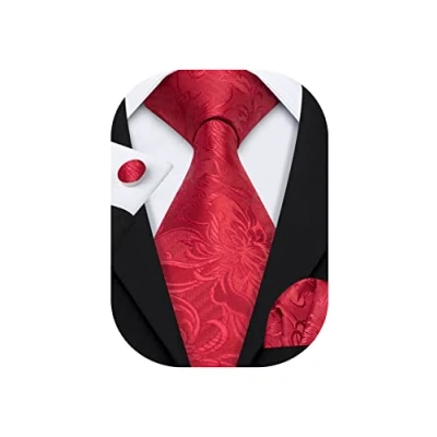 Image of Barry.Wang Men Tie Set Handkerchief Cufflink Solid Red Flower(Size: One Size)