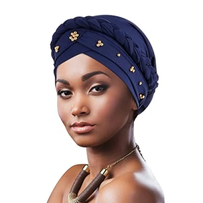 Image of DRESHOW African Women Turban Pre Tied Twisted beaded Braid Head Wrap Hat Beanie Headwraps Chemo Cancer Cap