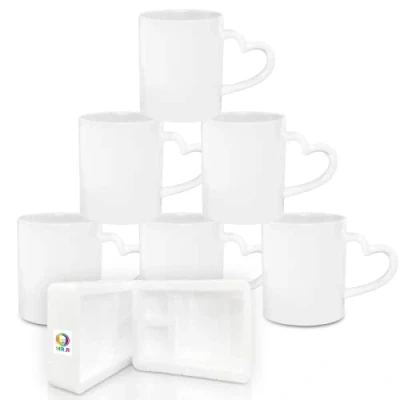 Image of MR.R Sublimation Blanks Dishwasher White Ceramic Coffee Mugs 11oz Blank Classic Drinking Cup Mug with Heart Handle for Milk Tea Cola Water, Set of 6