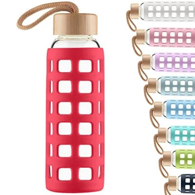 Image of Cleesmil Sports Glass Water Bottle with Silicone Sleeve Bamboo Lid BPA Free 1000 ml / 1 litre (Magenta)