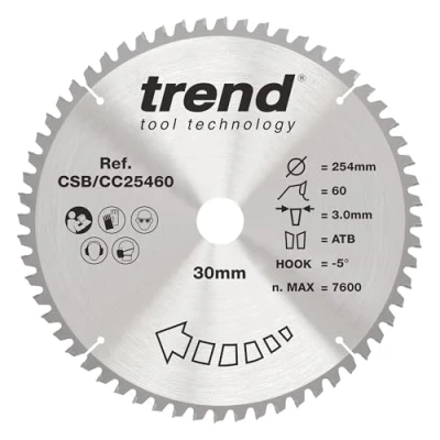 Image of Trend Wood Mitre Saw Blade, 254mm Diameter, 30mm Bore, 60 Teeth, 3mm Kerf, 5 Hook, TCT, Fine Finish, CSB/CC25460