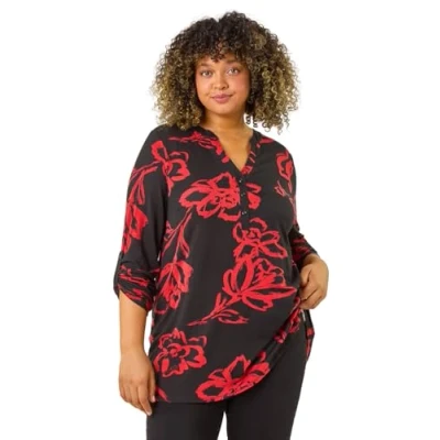 Image of Roman Curve Stretch Jersey Floral Top for Women UK Ladies Everyday Autumn Winter V Neckline Comfy Soft Evening Vacation Work Party Night Out Red Plus Size 20