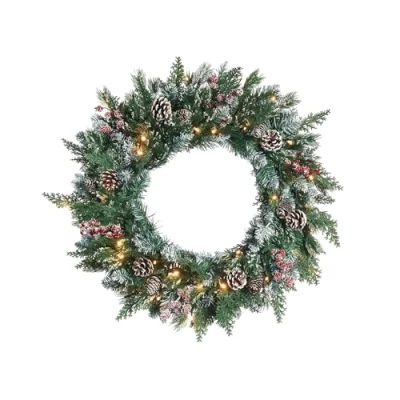 Image of Pre Lit Snow Flocked Mixed Tip Wreath
