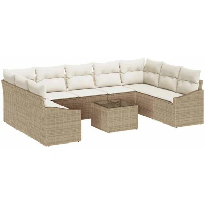 Image of vidaXL 10 Piece Garden Dining Set with Cushions in Brown Poly Rattan