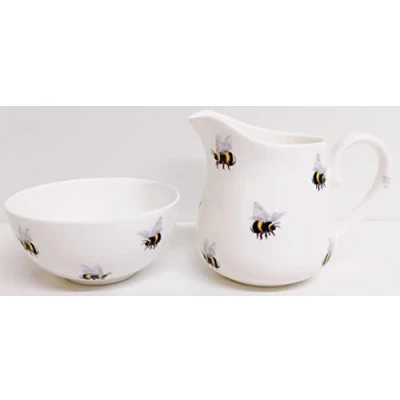 Image of Rainbow Decors Bees Cream/Milk Jug and Sugar Bowl Fine Bone China Bumblebee Matching Set Hand Decorated UK, MilkSugar