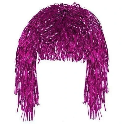 Image of Shiny Metallic Foil Tinsel Wig Adult Fancy Dress Costume Accessory (Hot Pink)