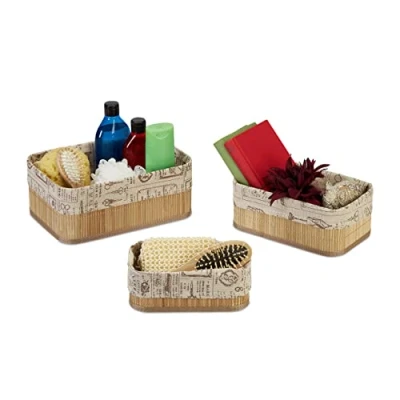 Image of Relaxdays Set of 3 Storage Baskets, Bamboo with Fabric Lining, Sizes, Shelf Tidy, Bathroom, Vintage, Natural/Beige