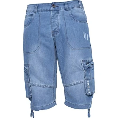 Image of Enzo Jeans Mens Shorts Raw Combat Cargo Pockets Casual Knee Length Denim Pants (40W, Light Blue)