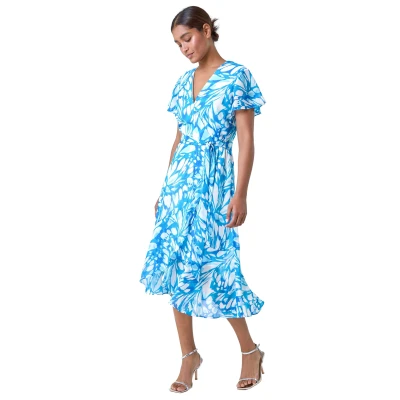 Image of Roman Originals Frill Dress for Women UK Ladies Summer Wrap Chiffon Hem Layered Belted Midi Maxi Tiered Cape Special Occasion Fit &amp; Flare Wedding Guest Swing Skater Blue White Size 10
