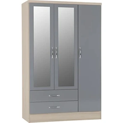 Image of Seconique Nevada 3 Door 2 Drawer Wardrobe in Grey Gloss/Light Oak Effect Veneer