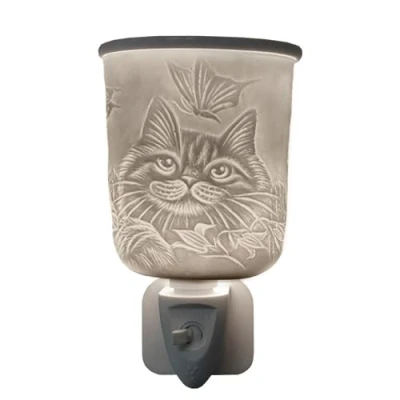Image of Cello Plug In Wax Melt Burner Cat Design Oil Burner. The Electric Creates a Stunning Illumination of Cat. Gifts for Women, Ornament and Porcelain Decor.