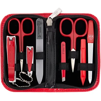 Image of 3 Swords Germany brand quality 8 piece manicure pedicure grooming kit set for professional finger &amp; toe nail care scissors clipper fashion leather case in gift box, Made by (000392)