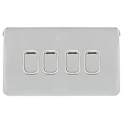Image of Schneider Electric Lisse Screwless Deco 4 Gang 2 Way Light Switch, 10AX, GGBL1042WPC, Polished Chrome with White Insert