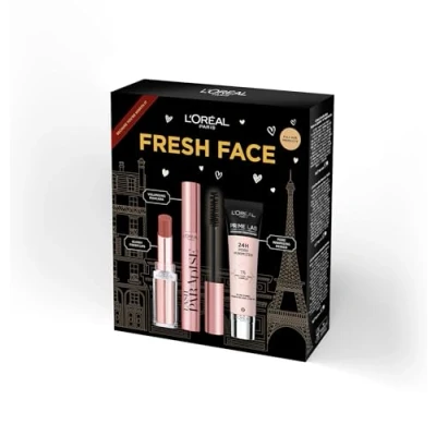 Image of L&#039;Oréal Paris Fresh Face Trio Gift Set â“ Prime Lab 24H Pore Minimiser Primer, Hydrating Balm In Lipstick 191 Nude Heaven &amp; Lash Paradise Mascara Enriched With Loving Castor Oil