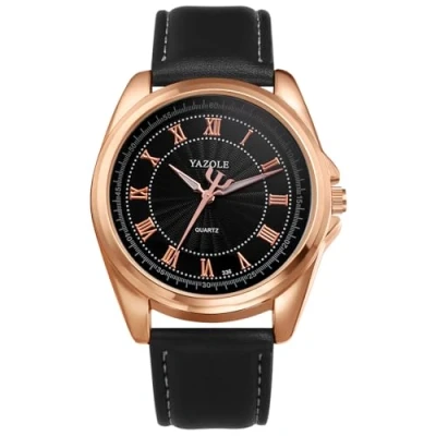 Image of JewelryWe Vintage Men Leather Watch: Analog Quartz Big Dial Black Strap Wrist Watch Business Casual Roman Numerals