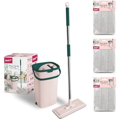 Image of York Floor Mop Set Mobile Phone Flat, Swivelling with Two Chambers Cleaning Bucket Wring Function Wet/Dry Suitable for All Floors 3 Extra Cartridges