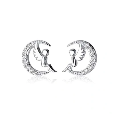 Image of 925 Sterling Silver Crystal Angel Wings Tiny Earrings Baby Fairy Moon Jewelry Cute Allergy Free Ear Studs For Women Princess Gifts