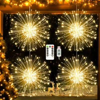 Image of yowin Hanging Christmas Firework Lights 4x120 LED Starburst USB Powered, 8 Modes Waterproof Ball with Remote for Xmas Porch Roof Outdoor Indoor Window Decorations Warm White