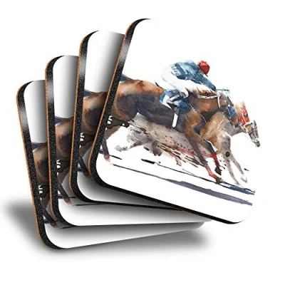 Image of Destination Vinyl ltd Great Coasters (Set of 4) Square Horse Racing Jockey Race Drink Glossy Coasters/Tabletop Protection for Any Table Type #21697