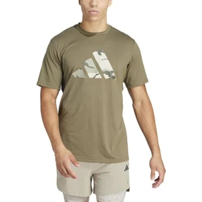 Image of adidas Men&#039;s Train Essentials Seasonal Brand Love Camo Tee, Olive strata/Dark Blue, S