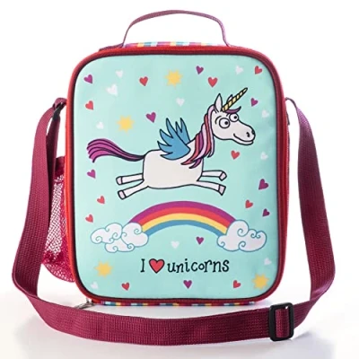 Image of Tyrrell Katz Kids Insulated Unicorn Printed Lunch Bag in Pink Children&#039;s Zip Meal Tote with Adjustable Strap and Bottle Holder 21.5 x 24.5 6 cm
