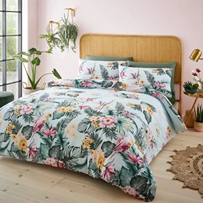 Image of Catherine Lansfield Tropical Floral Easy Care Double Duvet Set Blue