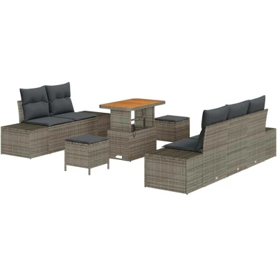 Image of vidaXL 8 Piece Garden Sofa Set with Cushions Grey Poly Rattan Acacia
