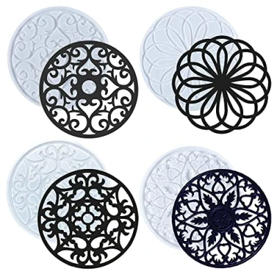 Image of Woohome 4 PCS Coaster Resin Moulds, Large Hollow Flower Silicone Moulds for 3D Mandala Jewelry Casting Cups Home Decoration Mould Set