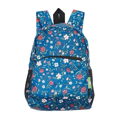 Image of ECO CHIC Lightweight Foldable Water Resistant Mini Backpack Folds Into Pouch for Storage (Floral Navy)