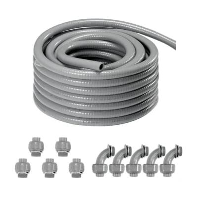 Image of VEVOR 1/2 Inch Flexible Electrical Conduit, 100 ft, PVC Liquid Tight Conduit Non Metallic with 5 Straight and 90 Degree Connector Fittings, for Air Conditioning Motor Controller Pump, IP65