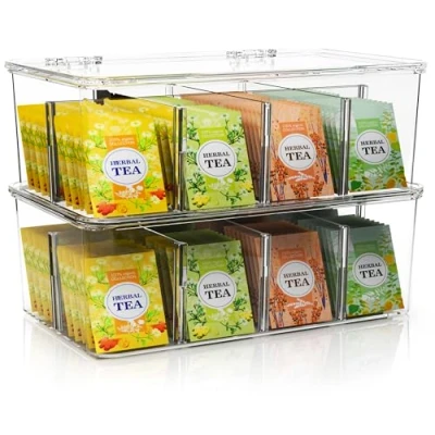Image of KICHLY Plastic Tea Bag Holder (Pack of 2) Box Organizer With Lid 8 Compartments for Kitchen Countertops, Cabinets, Pantry (Clear)