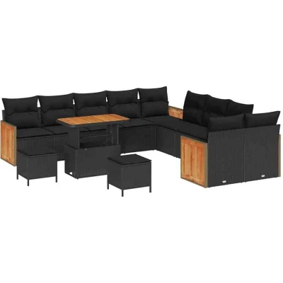 Image of 13 Piece Garden Sofa Set with Cushions Black Poly Rattan Acacia Vidaxl