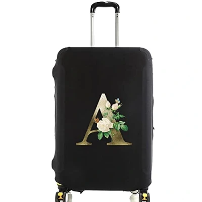 Image of Golden Letter Printed Design Travel Trolley Case Cover Protector Washable Suitcase Luggage Storage Covers for 18 28 inch (Golden flower A, M (22 25 Luggage))
