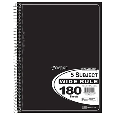 Image of Top Flight Standards 5 Subject Wirebound Notebook, 180 Sheets, 3 Hole Punched, Wide Rule, 10.5 x 8 Inches, 1 Color May Vary (31414)