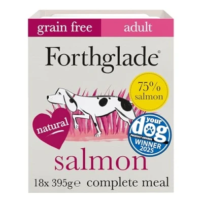 Image of Forthglade Wet Dog Food (18 x 395g Trays) Adult 1 year +, Grain Free with Salmon and Vegetables, Stomach Sensitive Natural Ingredients, Complete Hypoallergenic