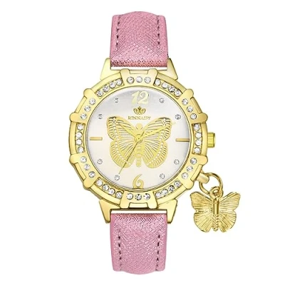 Image of JewelryWe Leather Wrist Watch for Women Round Analog Quartz Stylish Bling Rhinestones Butterfly Dress Xmas