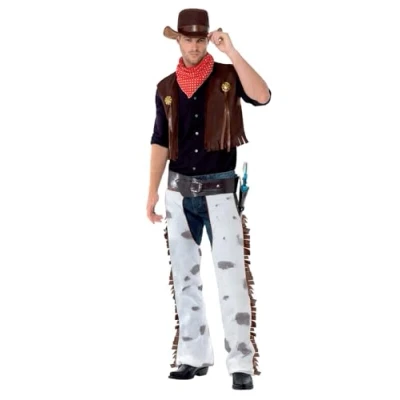 Image of Smiffys Cowboy Costume, Brown with Waistcoat, Chaps, Scarf &amp; Hat, Cowboys and Indians Fancy Dress, Adult Dress Up Costumes