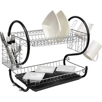 Image of New 2 Tier Chrome Plate Dish Cutlery Cup Drainer Rack DRIP Tray Plates Holder (Black)
