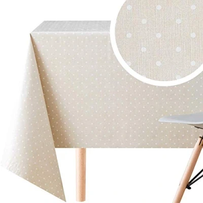 Image of KP HOME PVC Wipe Clean Table Cloth Rectangular 300x140 cm / 118x55 In Wipeable Tablecloth up to 10 Seats Waterproof Kitchen Vinyl Oilcloth Retro Polka Dot Print, Cream, Beige