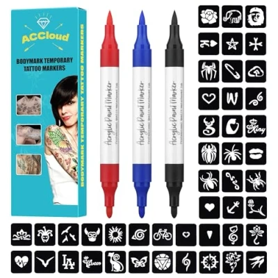 Image of ACCloud Temporary Tattoo Markers for Skin Pen Kit, 3 Body Markers+ 63 Stencils Kit Kids and Adults, Dual End Flexible Brush Tip, Christmas Tattoos ﻿