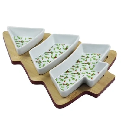 Image of Lesser &amp; Pavey Gift Item Serving Bowls Decorative Set in Christmas Tree Shape 3 Ceramic Snacks Dip Appetizer Olives Dishes on Tray Board