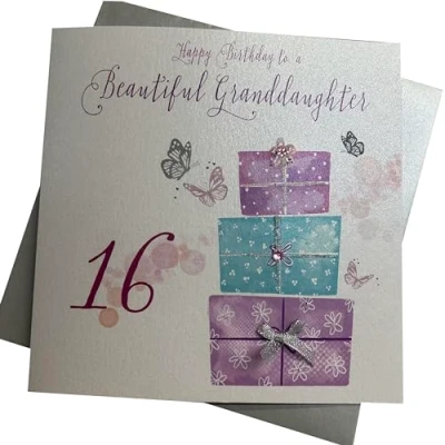 Image of white cotton cards Happy Birthday To A Beautiful Granddaughter 16 Handmade Large 16th Card Present, XLWB105 NEW, 22cm x